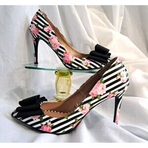 Betsey Johnson Bret Heels 7.5  Pink Rose Floral Black White Stripe Ribbon Bow